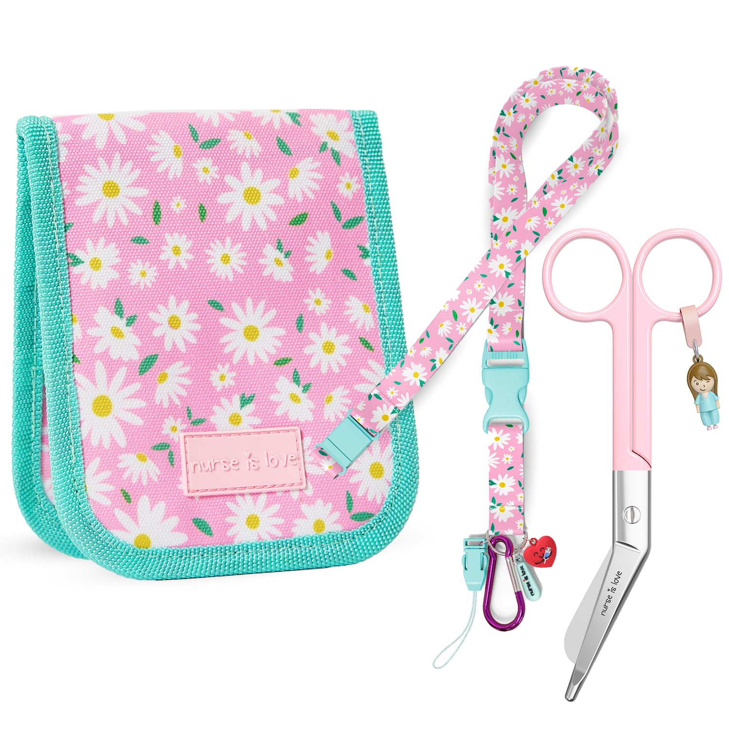 Nurse is Love Set Infermiera e TCAE (3 pezzi). | Organizer Infermiere + Porta Badge da Collo + Forbici Infermiere Curva | Regali Personalizzati - Kit Accessori - DAISIES