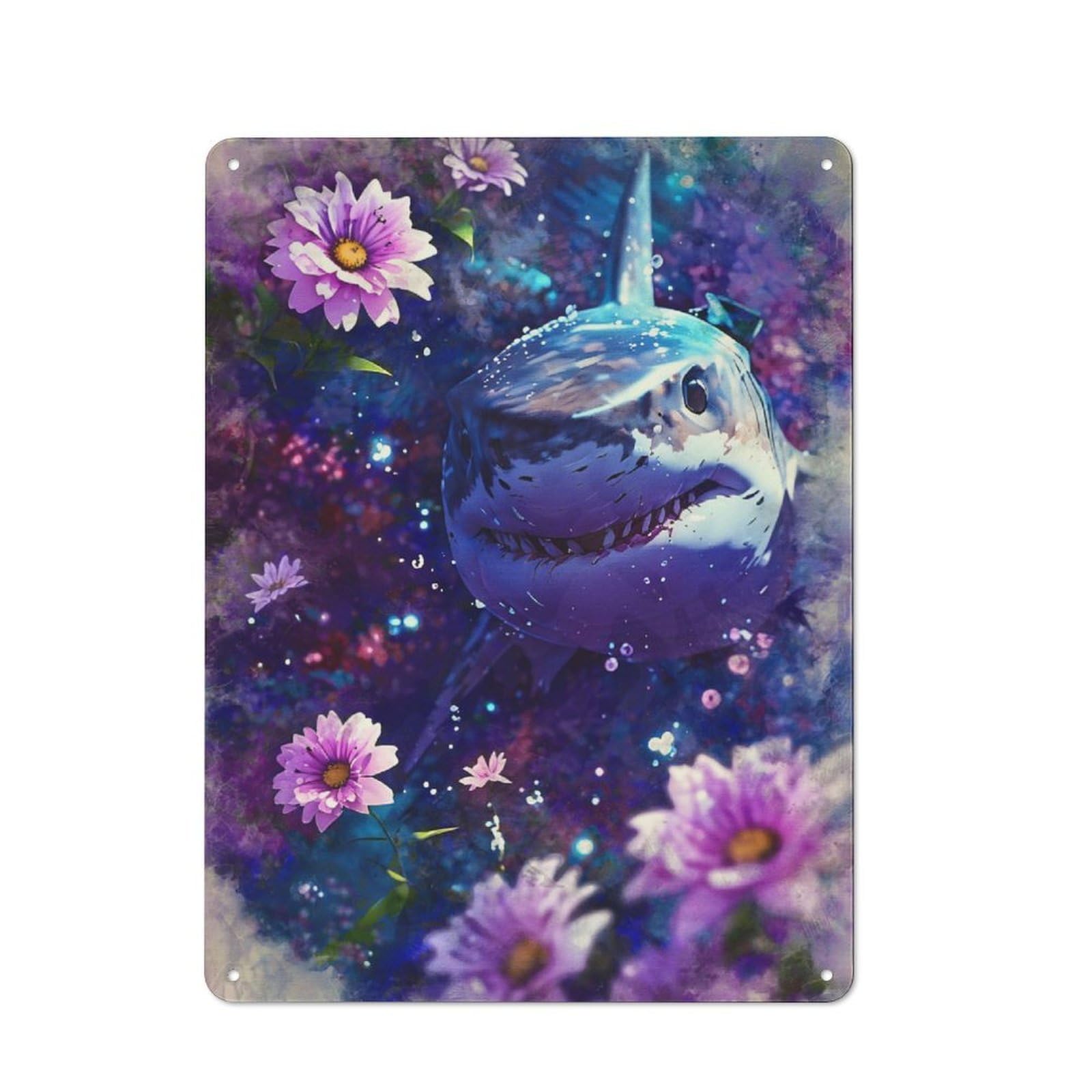 Junmoney Shark In Bloom Decorative Metal Plaque 40X30cm, Modern Retro Urban Room Decor For Workspace, Cafe, Hallway Or Garage