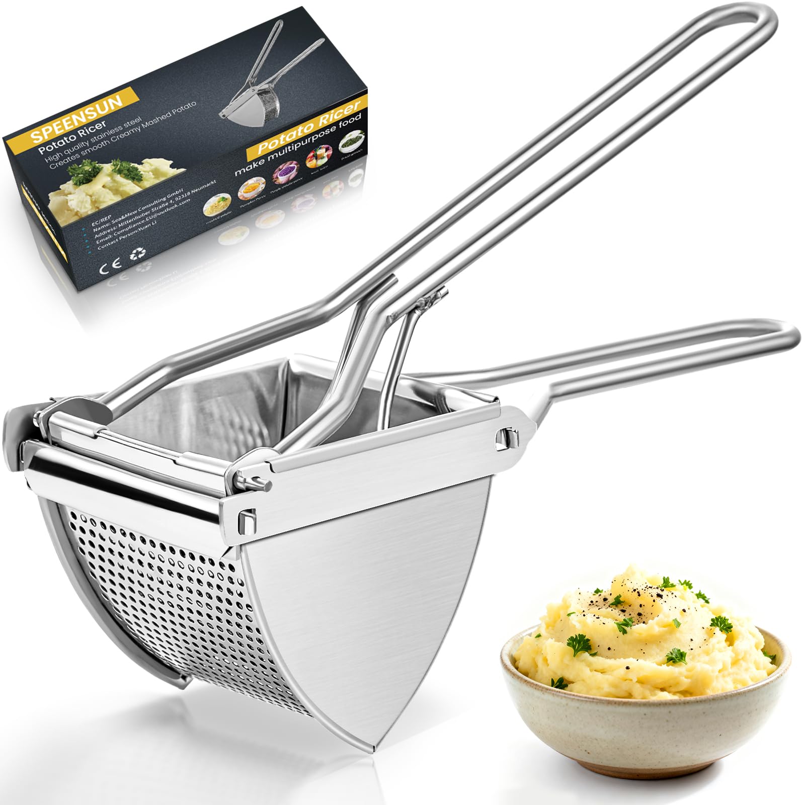 SPEENSUN Potato Ricer Mashers,Food Grade Stainless Steel Heavy Duty Ricer for Fluffy Mashed Potatoes, Baby Food & Juices | Dishwasher Safe & Comfortable Non-Slip Grip Handle