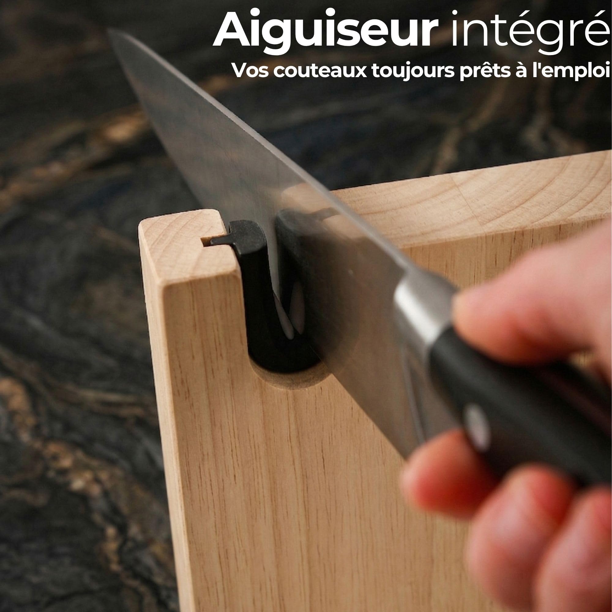 Porte Couteaux Magnétique Cuisine XL avec Aiguiseur Support Magnétique Couteaux Cuisine fabriqué en Bois Massif Bloc Couteaux Magnétique Rangement Couteaux Cuisine Robuste et Élégant (Chêne)