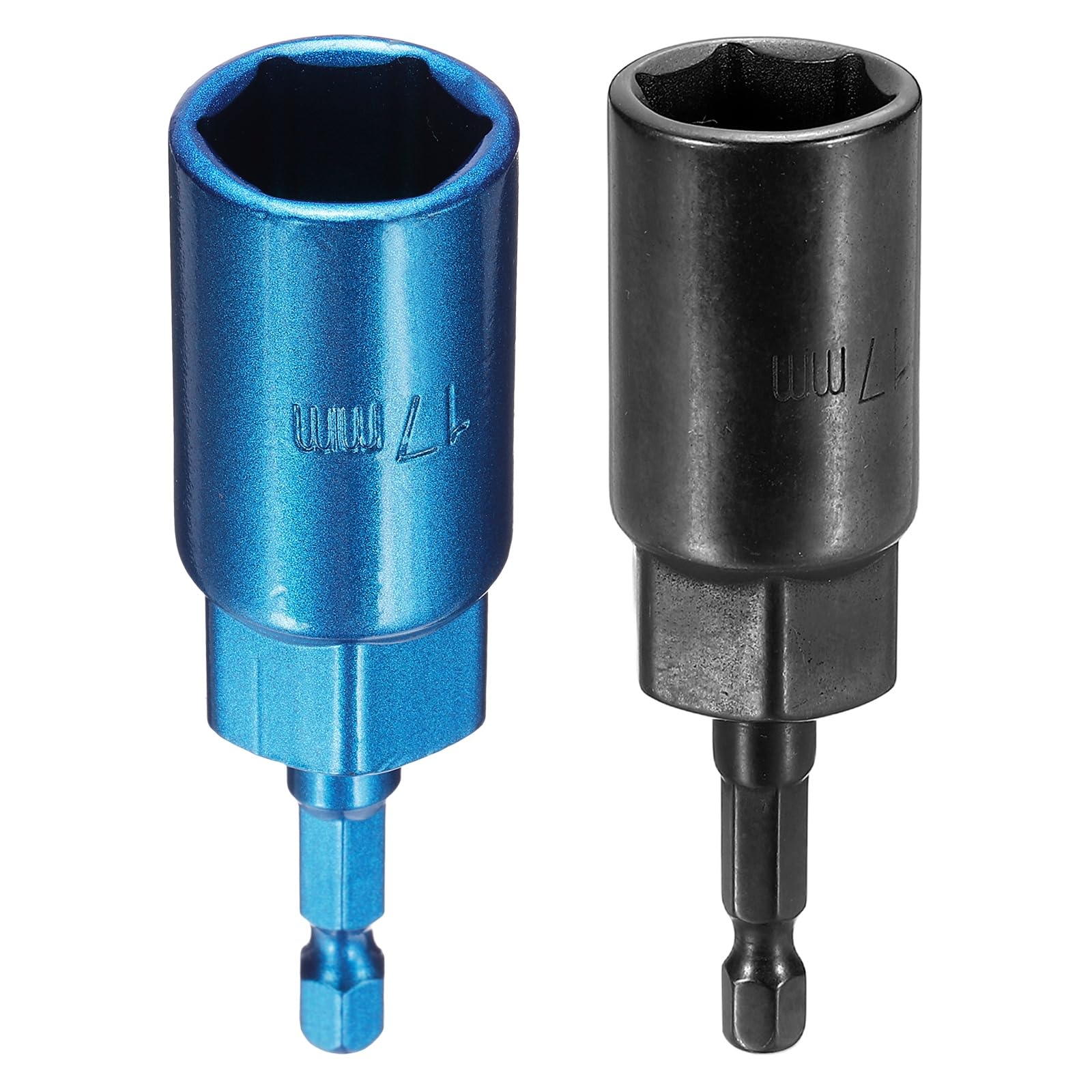 sourcing map 2pcs Nut Driver Drill Bit 17mm Metric Socket 1/4" Hex Shank 3.15" (80mm) Extra Long 6-Point Sockets Quick Change Cr-V Steel Bolt Setters for Power Drill Drivers, Black/Blue