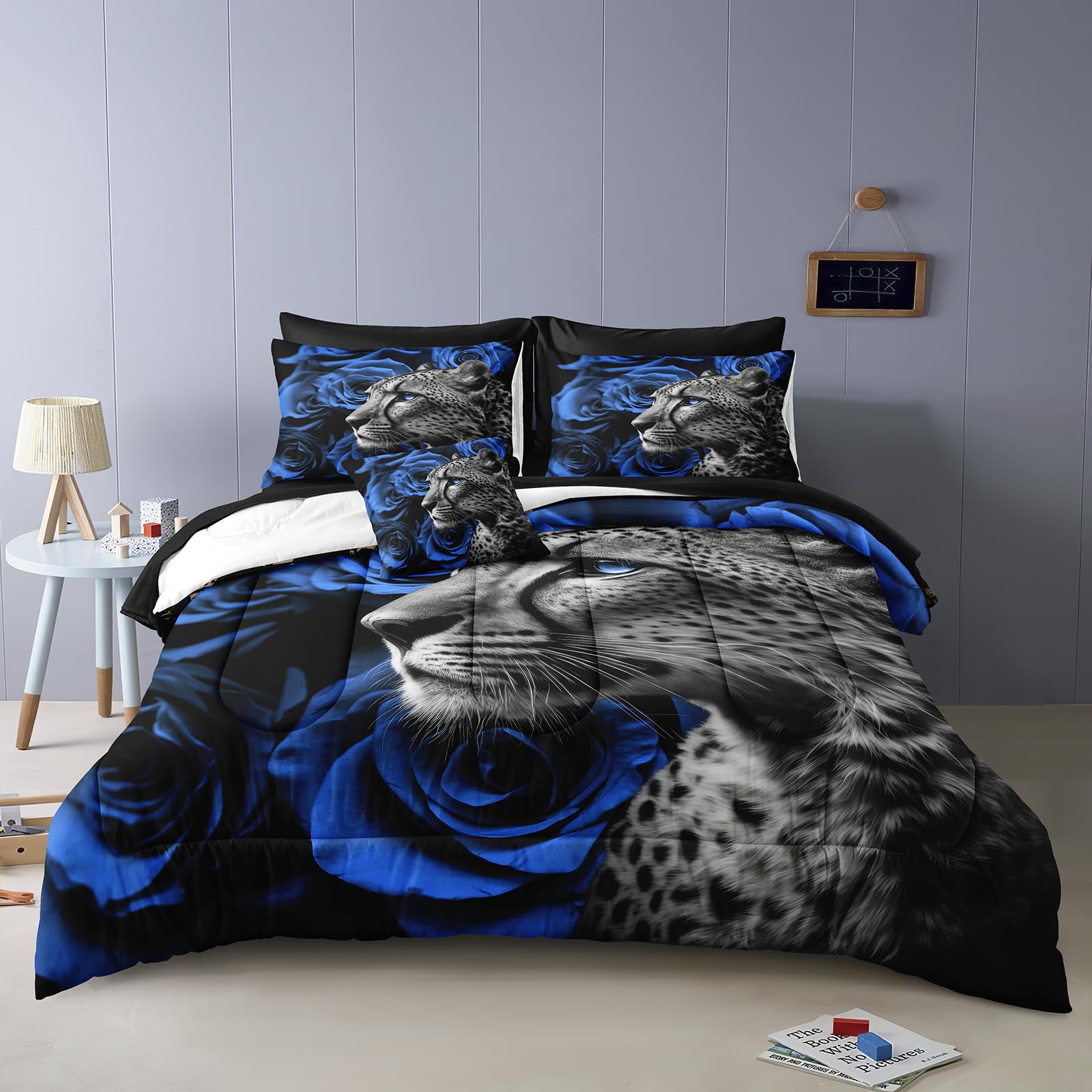 Merryword 8 Pieces Cheetah Leopard Bed in a Bag Blue Rose Comforter Set King Size Blue Flower Bedding Tiger Lion Wild Animal Comforter Set