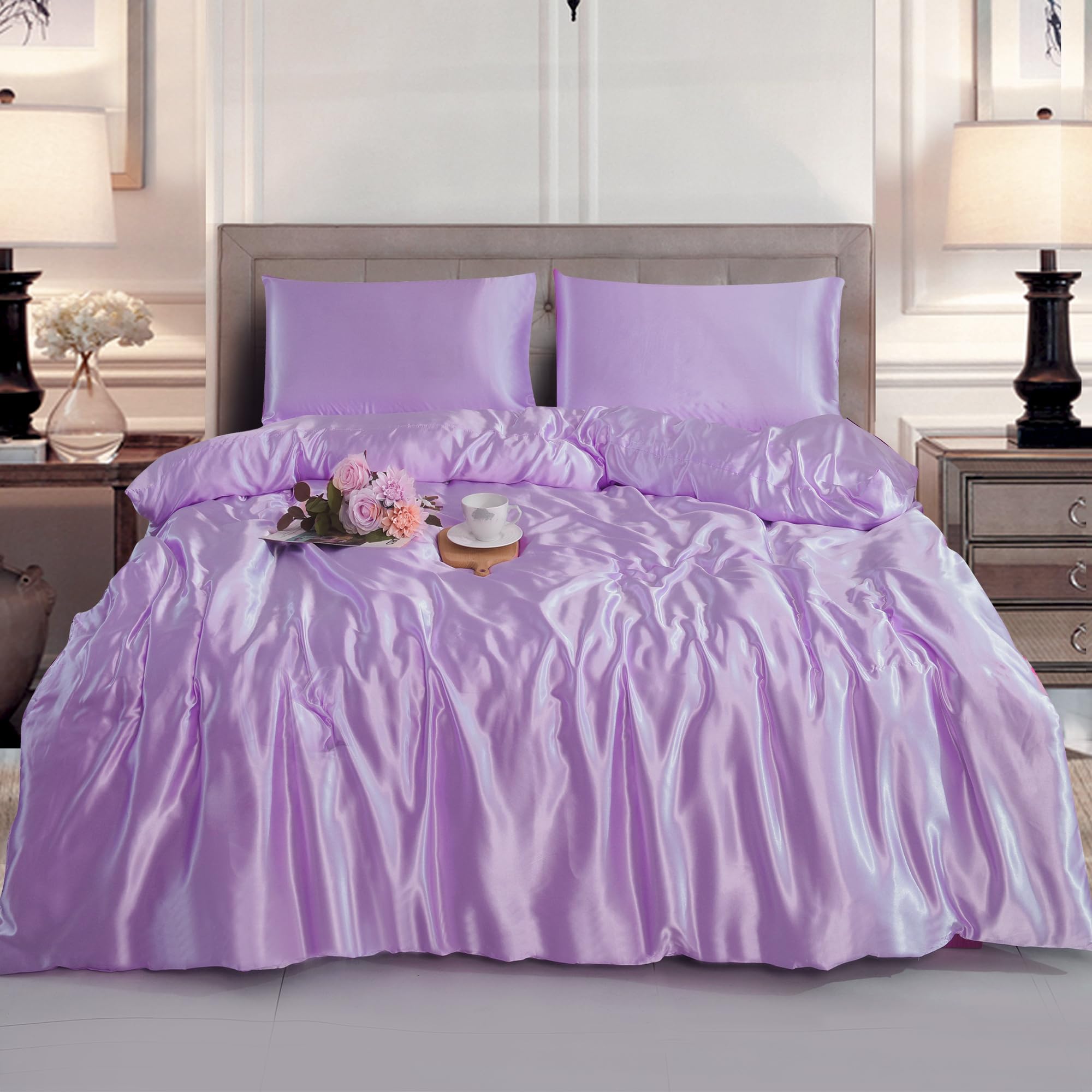 Luxury Satin Silk 6-Piece Bedding Set – Complete Set with Fitted Sheet, Duvet Cover & 4 Pillowcases – Soft, Smooth & Elegant Sleep Essentials (LILAC, Super King) — image 1