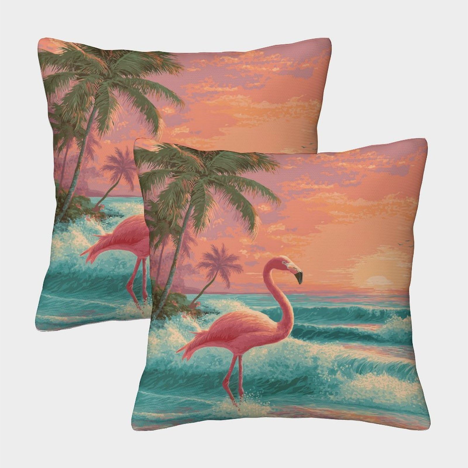 kaiyun 2 Pack 40x40cm Pillow Cases,Pink Flamingos, Palm Trees And Waves Decorative 3D Printed Cushion Cover,sofa Bed Decorative Cushions