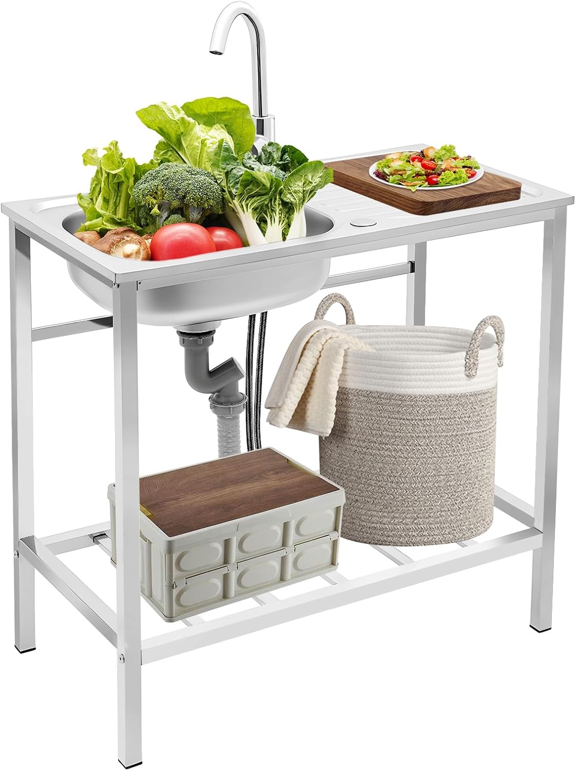 Stainless Steel Outdoor Sink with Hose Hook Up, Freestanding Single Bowl Utility Sinks with Hot & Cold Faucet, Outdoor Sink Station with Storage Shelf for Backyard, Restaurant, Kitchen