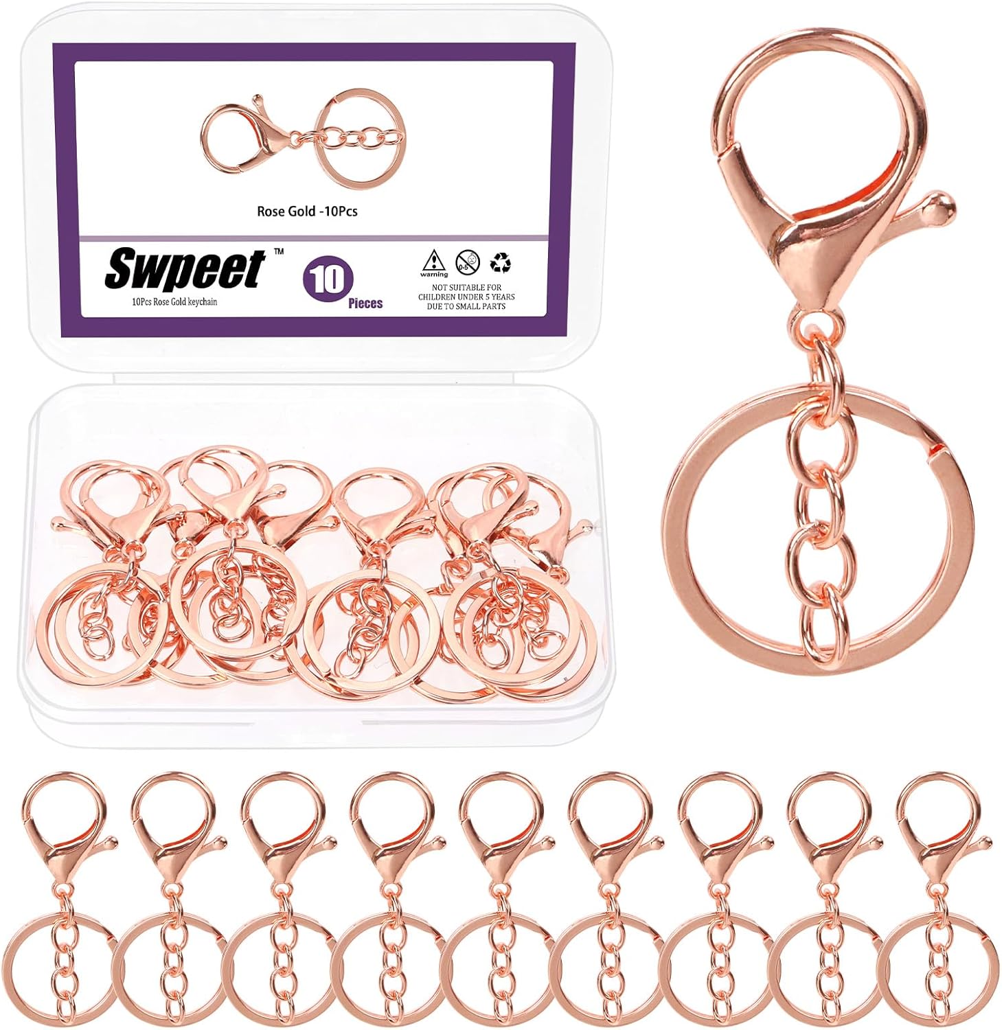 Swpeet 10Pcs Rose Gold Lobster Claw Clasps with Key Chain and Flat Split Keychain Ring Assortment Kit, Swivel Clasps Hook Clips Swivel Snaps Hooks for Purse Strap Keychain DIY Crafts