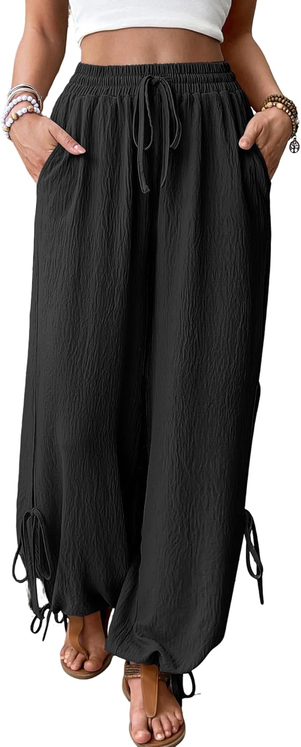 Bsubseach Women Wide Leg Palazzo Pants Summer High Waist Flowy Casual Trousers Side Tie Knot Beach Vacation Clothes