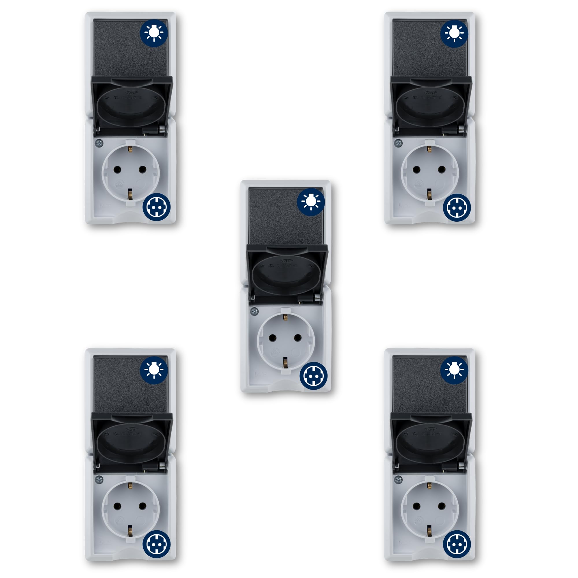 REV AquaForm SPARSET - 5x Lichtschalter + Steckdose, IP44, senkrecht, grau