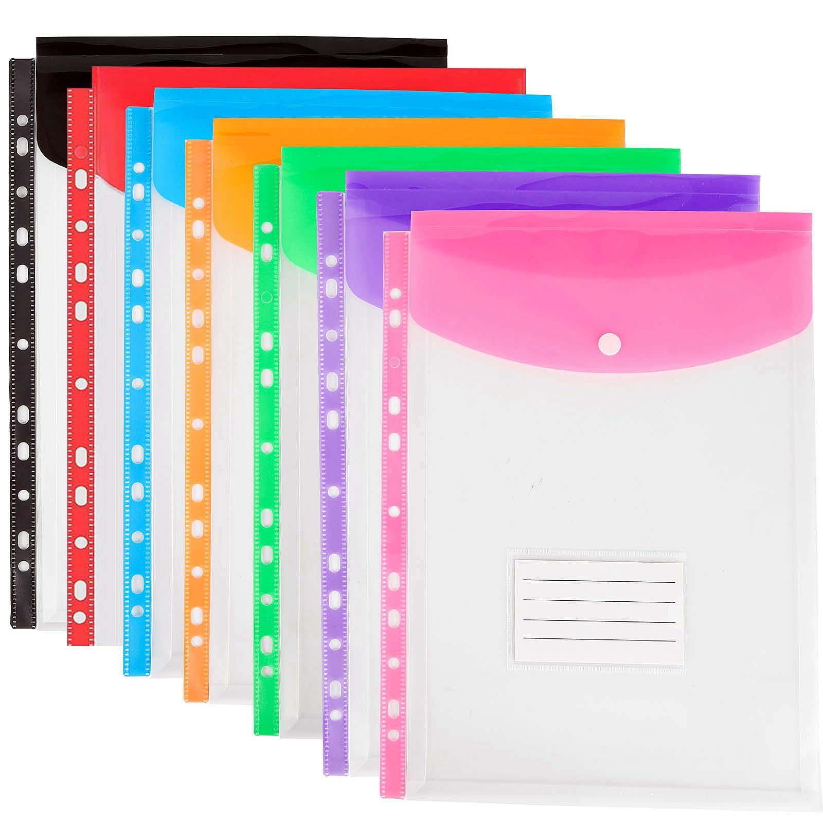 Plastic Wallets A4 Punched Pockets, 11 Holes Expandable Binder Folders for 2/3/4 Ring Document Pouch with Snap Button & Label Loose-Leaf Transparent for Office School Home (7pcs-Top Open)