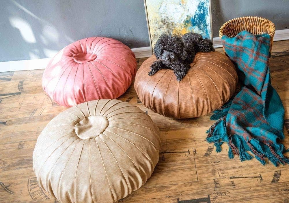 Generic Footstool Handmade Moroccan Pouf,Faux Leather Ottomans Pouf Footstool Unstuffed round Floor Cushion for Living Room under Desk-Creamy/Creamy-White/65 * 25Cm(26 * 10Inch)