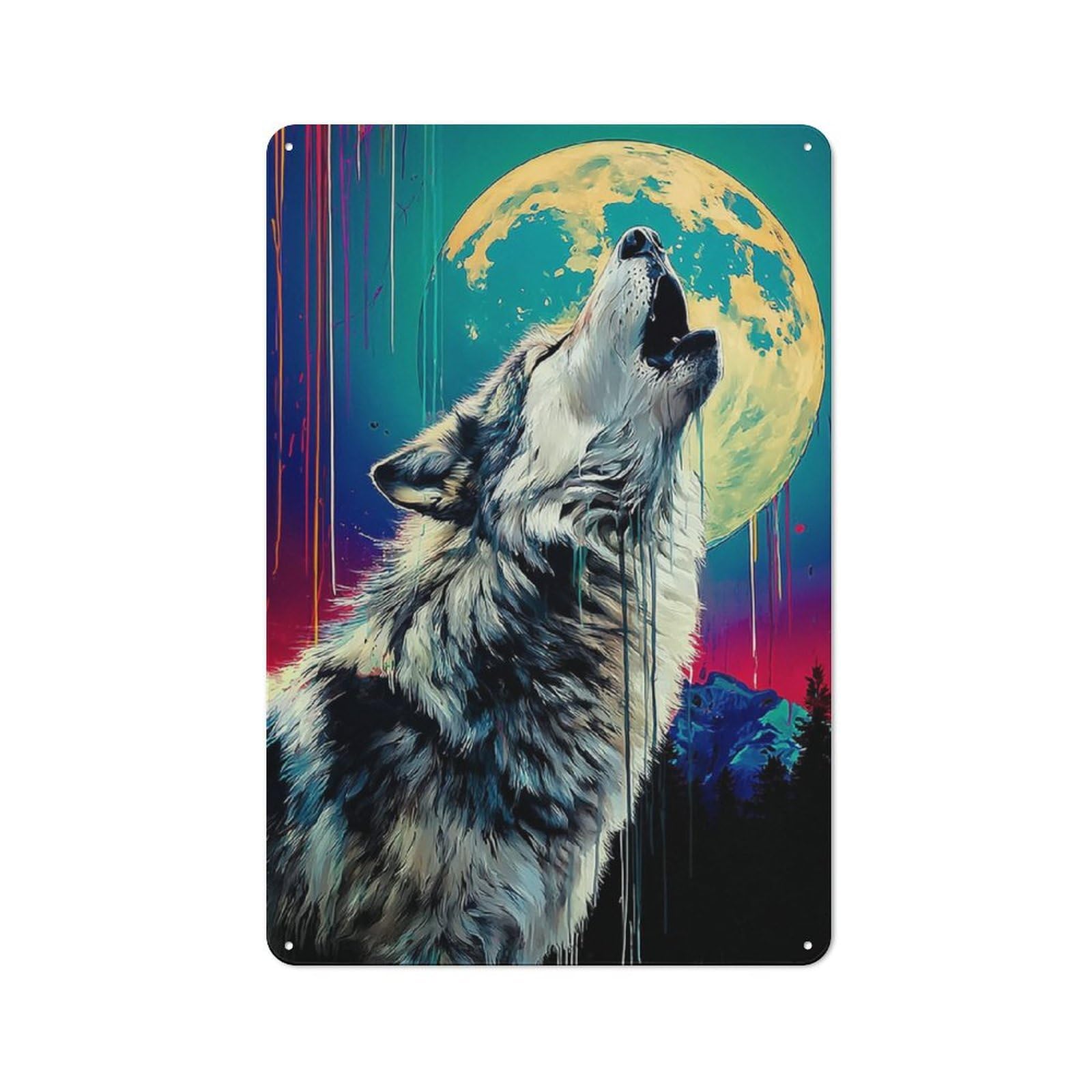 Vintage Metal Sign with Howling Wolf Under Full Moon -1 Design 30x20cm, Vintage Bar Wall Plaque for Cafe, Pub, Workshop Or Home Bar