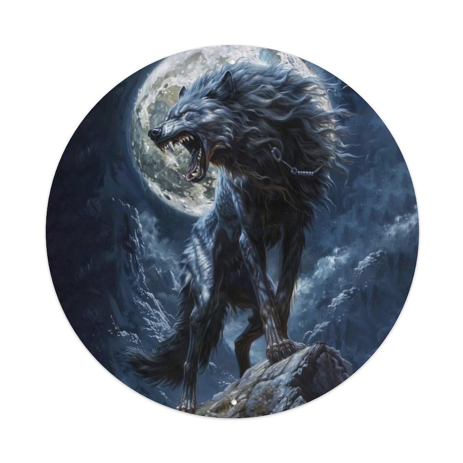 Animal Wolf Howling at Supermoon Gothic Fantasy Artwork Vintage Metal Tin Sign Plaque Wall Decor for Cafe, Club Bar, Office, Garden Metal Poster 8x8Inch