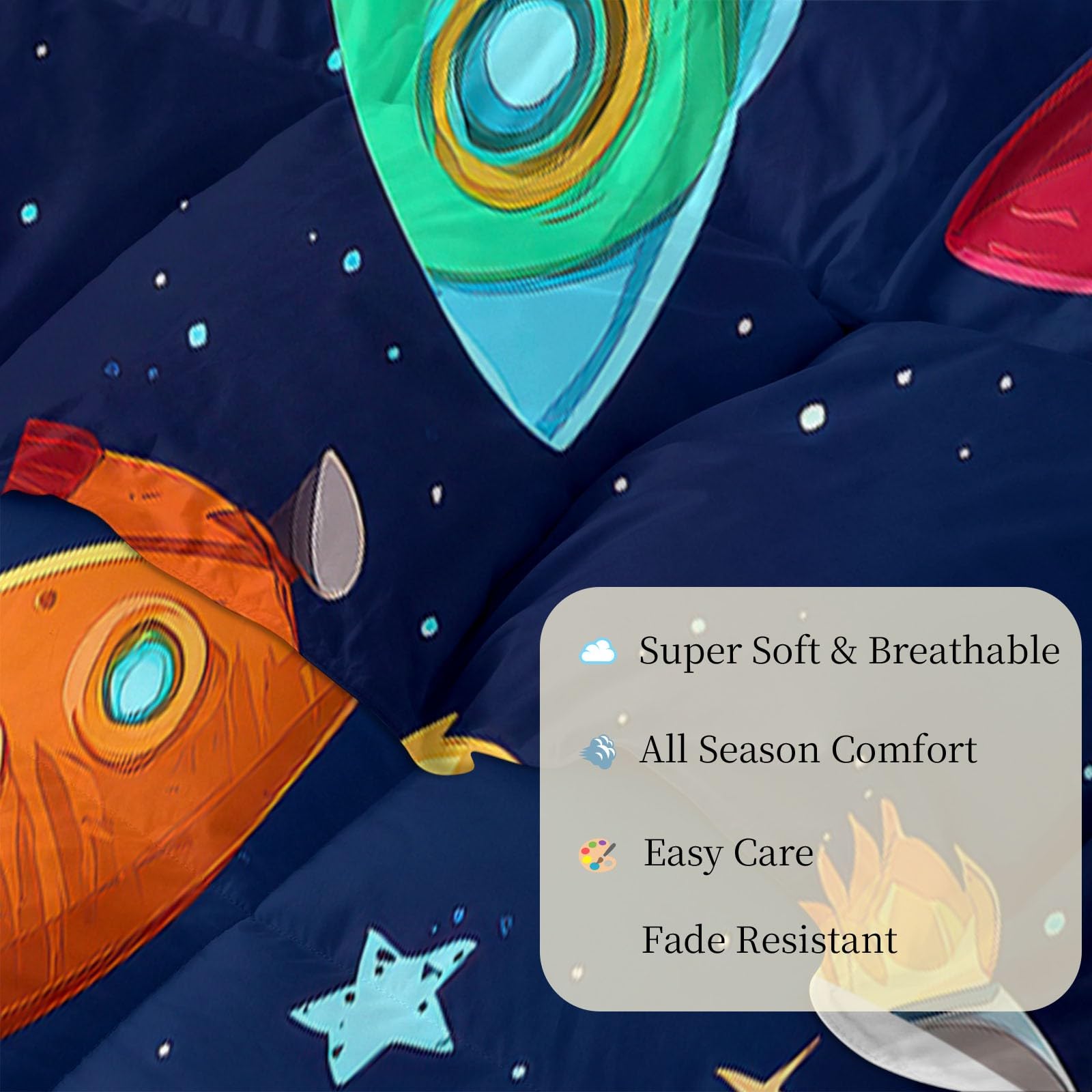Generisch Trapunta divertente con cartoni animati, senza rivestimento, 135 x 200 cm, motivo astronave spaziale e stelle, 4 stagioni, reversibile, morbida e soffice, per tutte le stagioni, lavabile