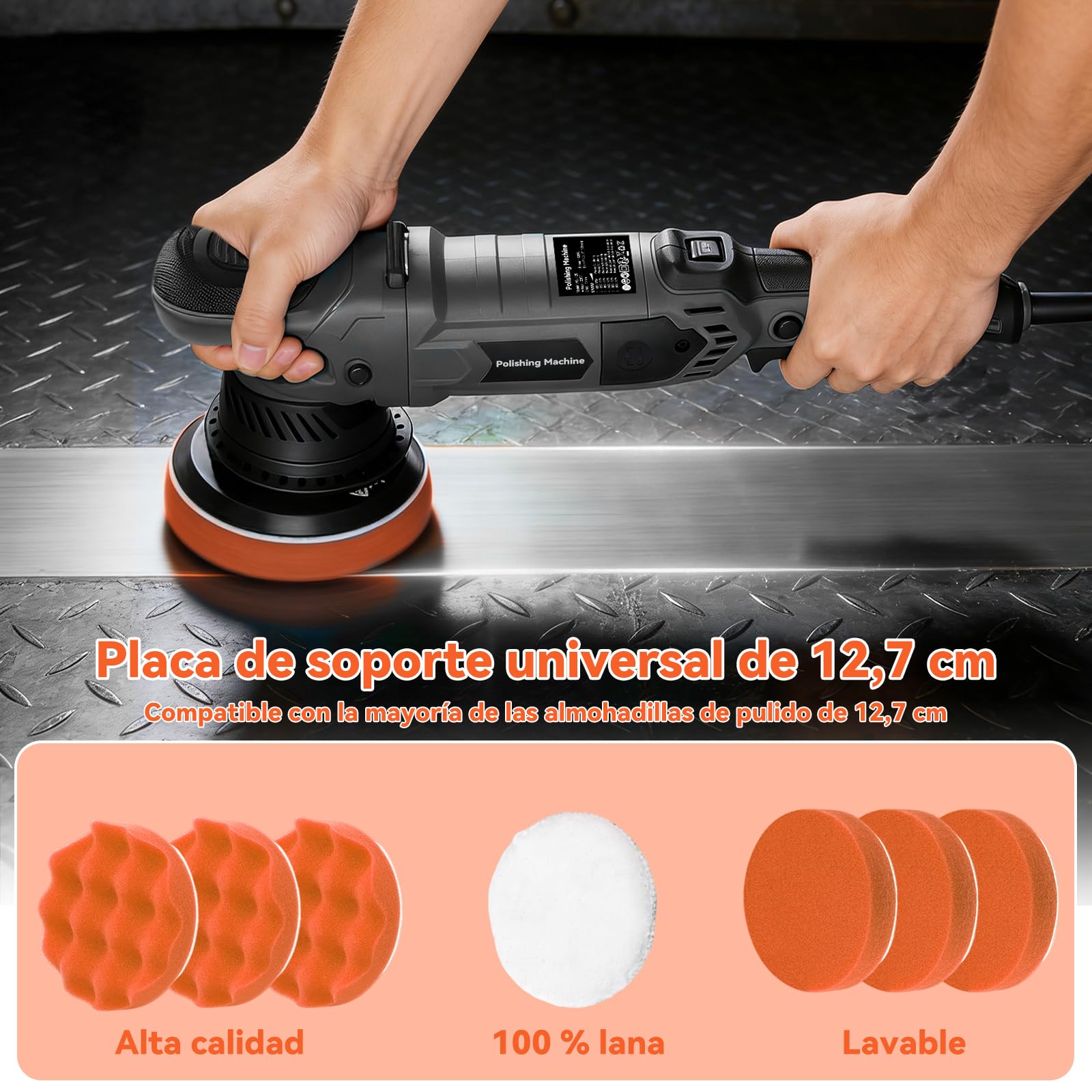 Pulidora Orbital Coche 1600W, 6 Velocidades Variables 600-3600RPM, 4M Cable, con 6 Almohadillas de Pulido, D-Mango Desmontable/Mango Lateral, Maquina de Pulir, para Detallar, Pulir y Encerar