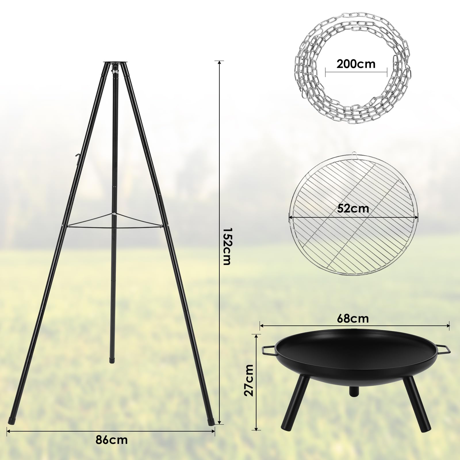TLSUNNY Schwenkgrill Feuerschale mit Grillrost, Höhenverstellbarer Kette | Dreibein Grill mit Ø68 cm Feuerkorb, 3PCS Beine, BBQ Feuerstelle mit Griff, Feuerschalen für den Garten zum Grillen, Heizen