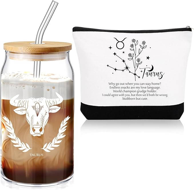 Sliner 2 Set Christmas Zodiac Gift for Women 16 oz Celestial Zodiac Signs Glass Cup with Lids Straws Horoscope Flower Sign Make up Bag 12 Constellations Thanksgiving Gift for Men Birthday(Taurus)