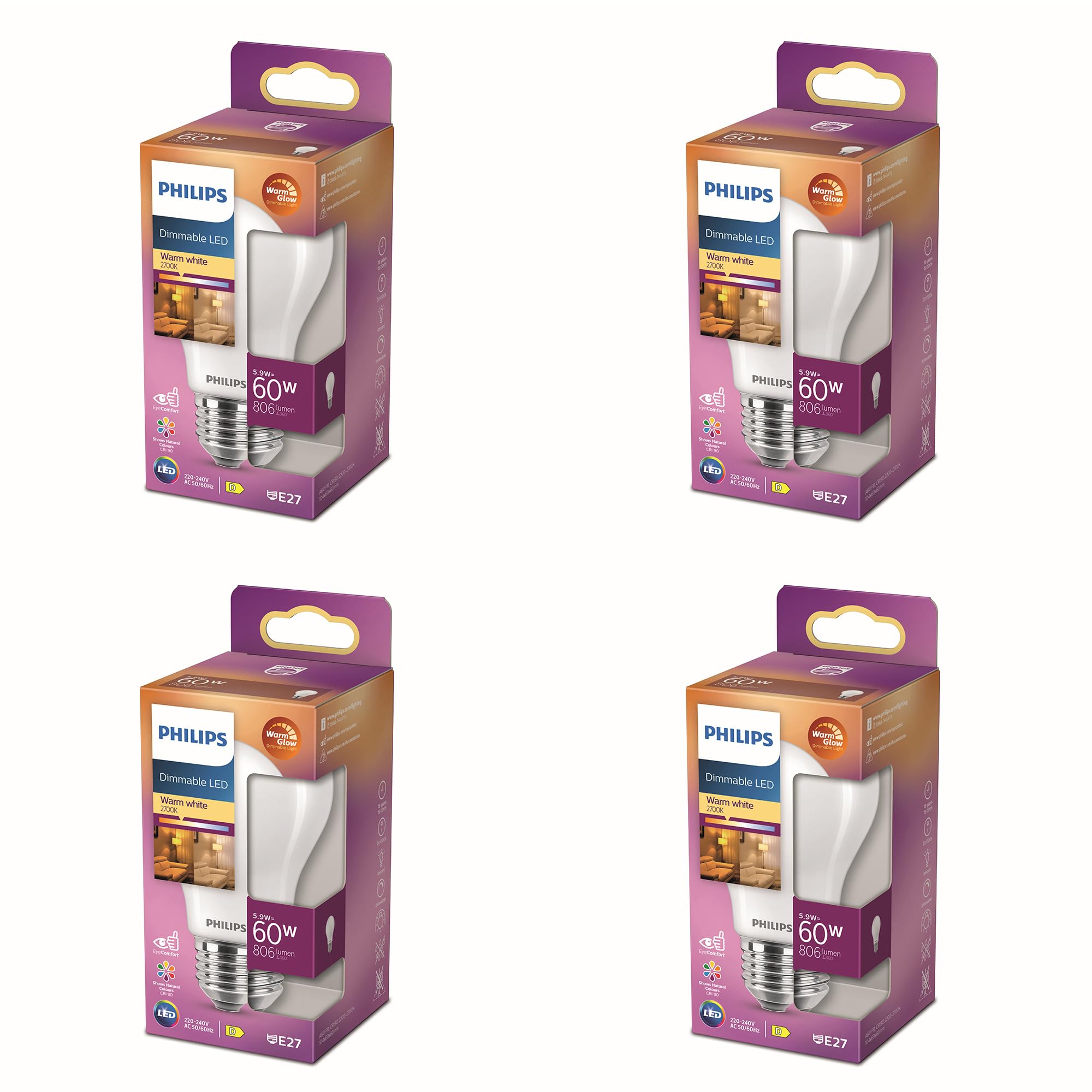 Philips Vorteilspaket - E27 - WarmGlow - Standard LED Lampe - Matt - 60W - Dimmbar - Warmweißes Licht - Set 4 Stück