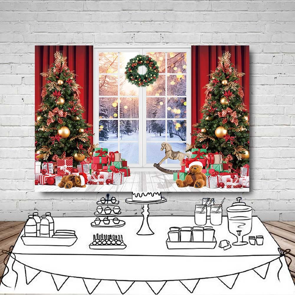MEHOFOND Fond de photographie de Noël de 3 x 2,1 m - Arbre de Noël rétro en bois - Tête de lit - Toile de fond d'intérieur - Décoration de fête de