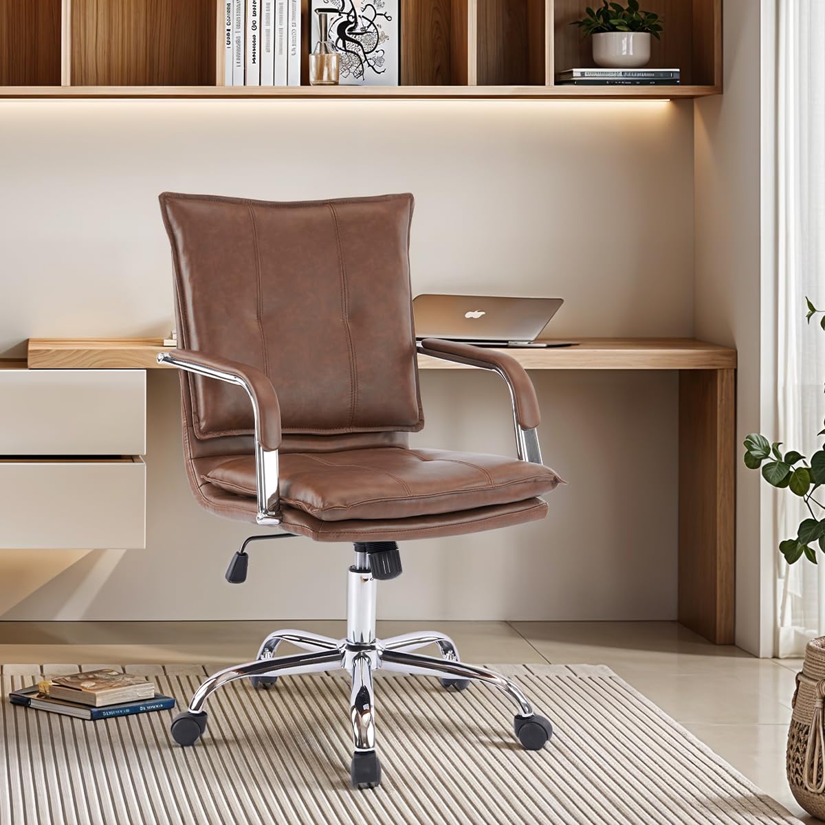 Mid-Back Ergonomic Leather Office Chair, Modern Upholstered Executive Desk Chair with Gold Frame Armrest Computer Task Chair (Brown &Silver Legs)