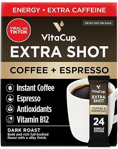 VitaCup Paquetes de café instantáneo Extra Shot con espresso Shot, "Red Eye" con alto contenido de cafeína, tostado oscuro audaz con vitamina B12,