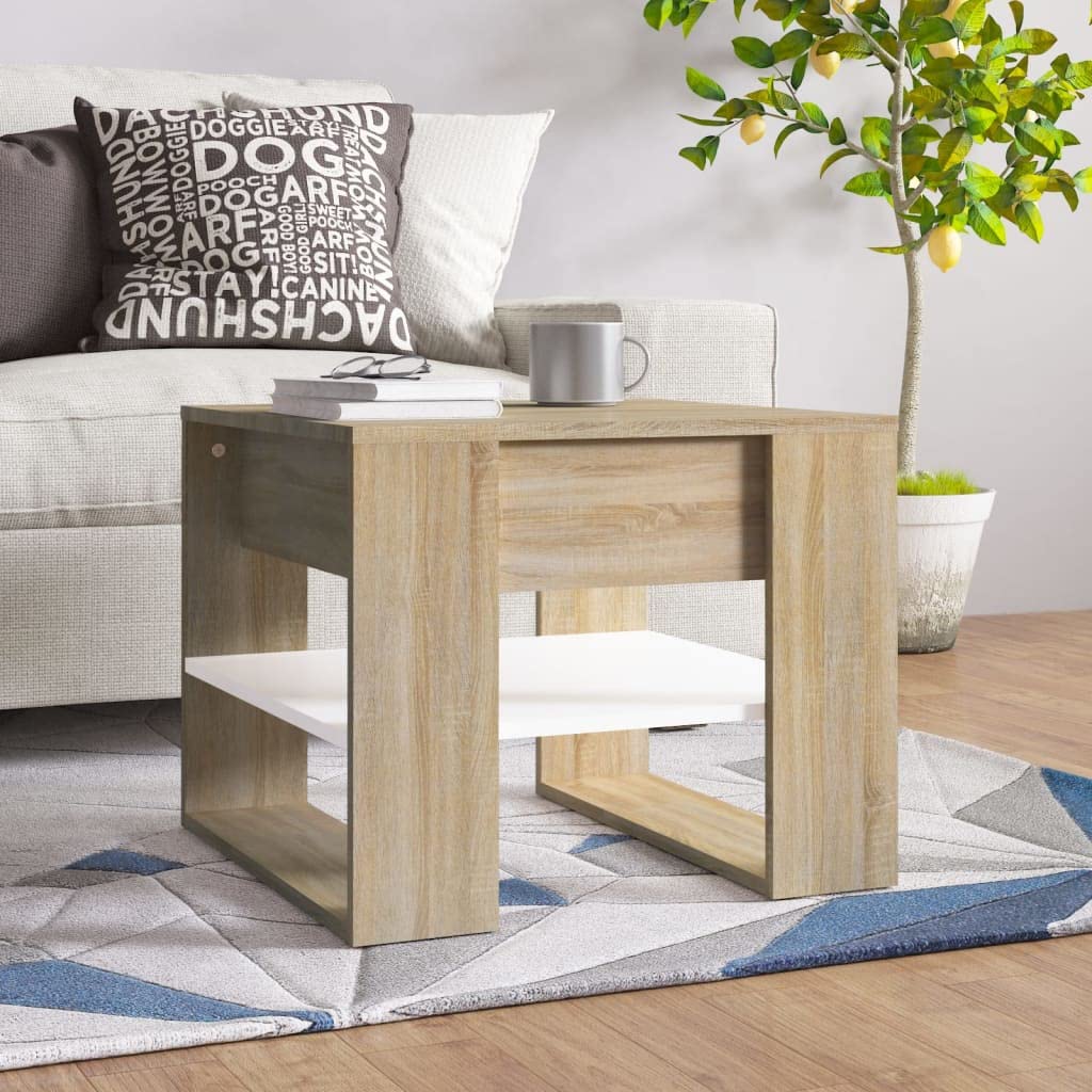 Table basse blanc chêne Sonoma 55,5 cm avec étagère meuble salon moderne