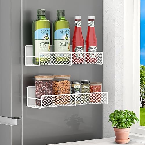 Miniatura 7 de Estante magnético para especias para refrigerador, paquete de 2 estantes magnéticos para refrigerador con 4 ganchos, estantes magnéticos negros,