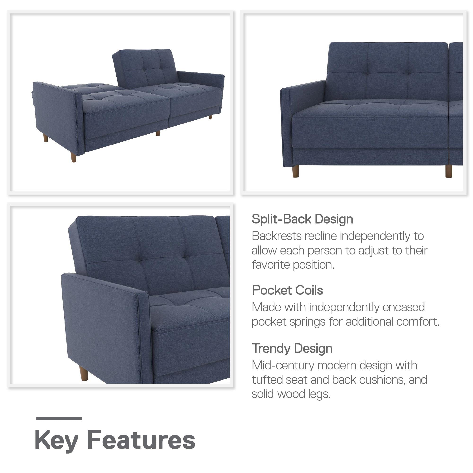 DHP Andora 76 Inch Futon Sofa Bed, Modern Upholstered Couch Sleeper with Button Tufted Back and Seat, Navy