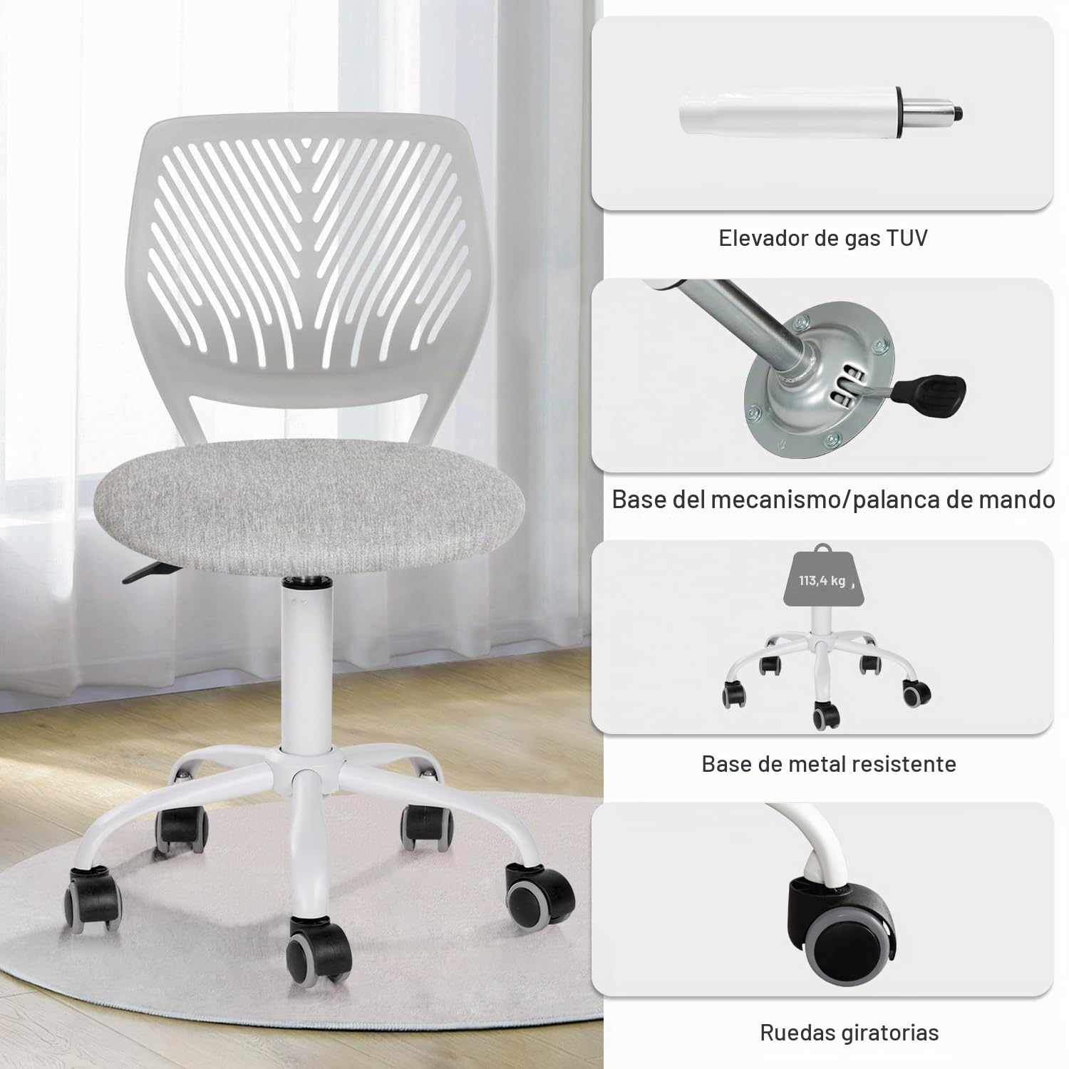 FurnitureR Silla de Escritorio para niños, Silla giratoria de Altura Ajustable con diseño de Respaldo de Agujero pequeño, Adecuada para Dormitorio de niños o Sala de Estudio, Gris molandi, 38 x 39 x