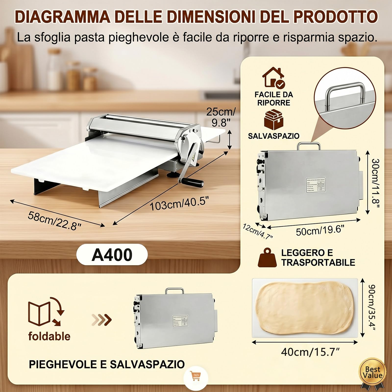Sfogliatrice per Croissant, Macchina per Sfoglia Pieghevole Commerciale per Spessori da 0 a 25 mm, Pannello Antiaderente di Grandi Dimensioni, per Cucine Domestiche A400