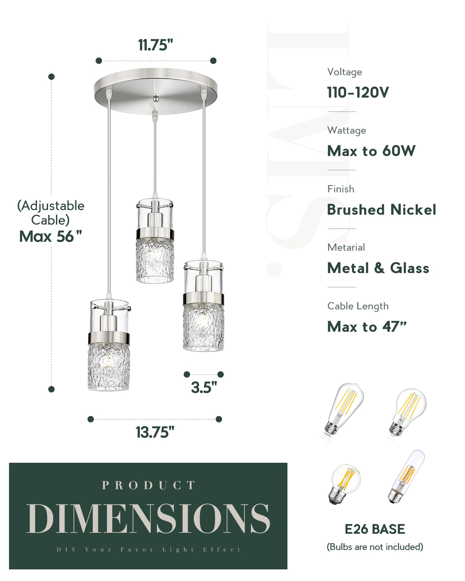 LMS 3-Light Brushed Nickel Cluster Pendant Light Fixtures, Industrial Hanging Pendant Light, Modern Chandelier Lighting for Kitchen Island, Bathroom, Bedroom, LMS-198