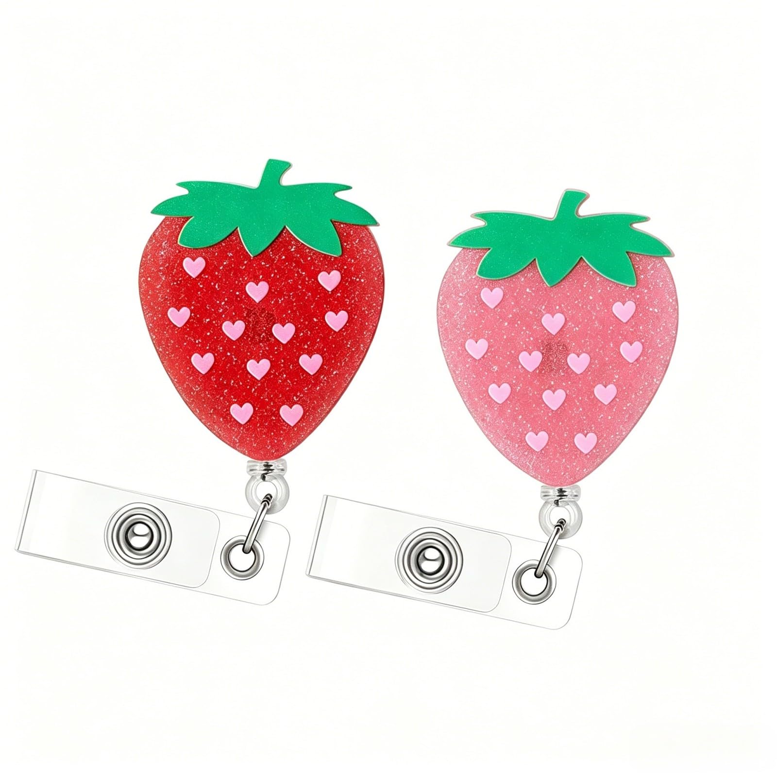 2 Pack Strawberry Badge Reel Cute, Pink Glitter Acrylic Retractable ID Badge Holder Clip with Cartoon Design - Funny Nursing Gifts for Nurse, Medical Worker, Student