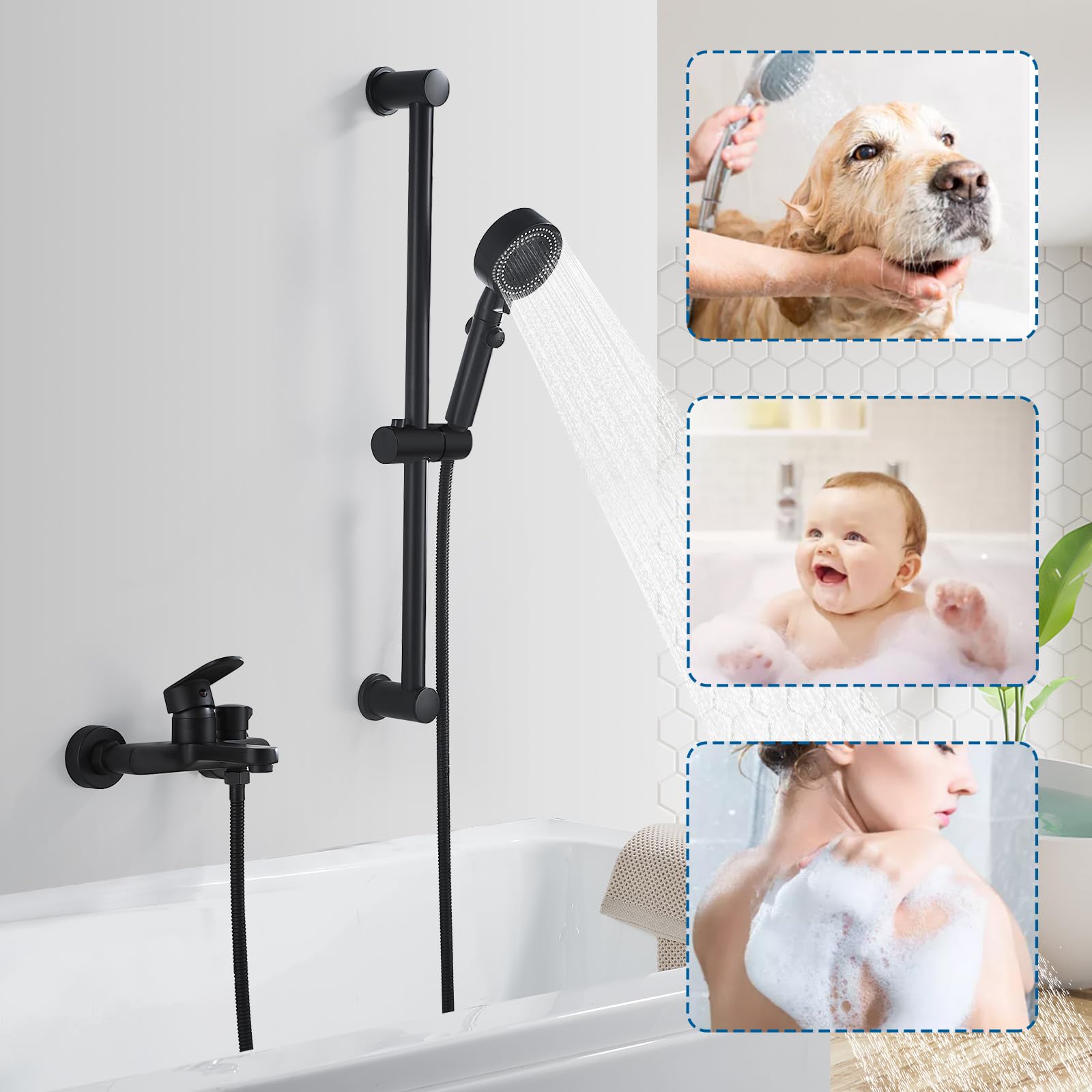 Grifo Bañera y Ducha Negro Grifo Monomando Dos Salidas Mezclador, Montaje en Pared, Sin Incluir Alcachofa, 1/2'' Salida Universal, Latón, Negro Mate Griferia Ducha Bañera