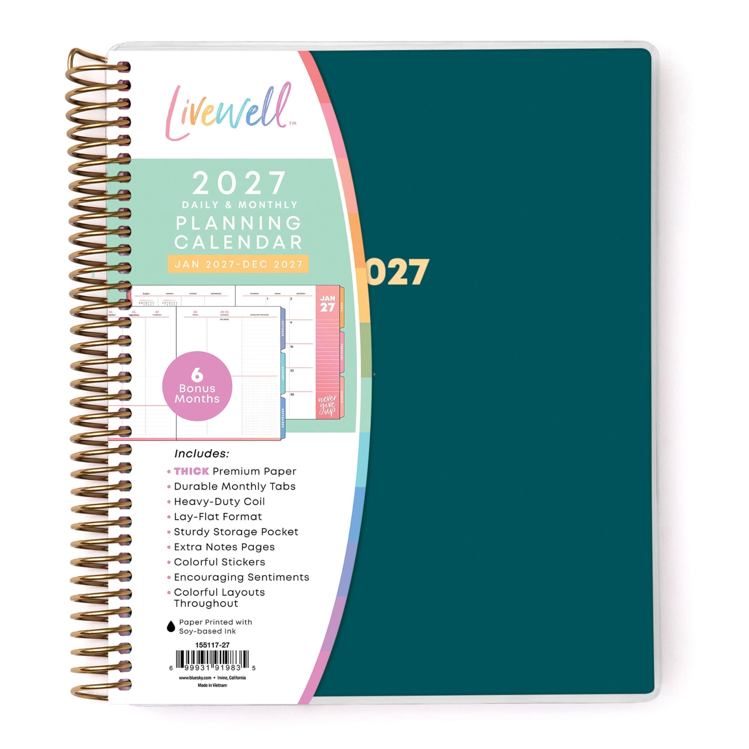 Blue Sky Livewell - Agenda diaria y mensual 2027, enero de 2027 a diciembre de 2027, 7 x 9 pulgadas, cubierta flexible, encuadernación duradera de doble alambre, páginas coloridas, bolsillo de