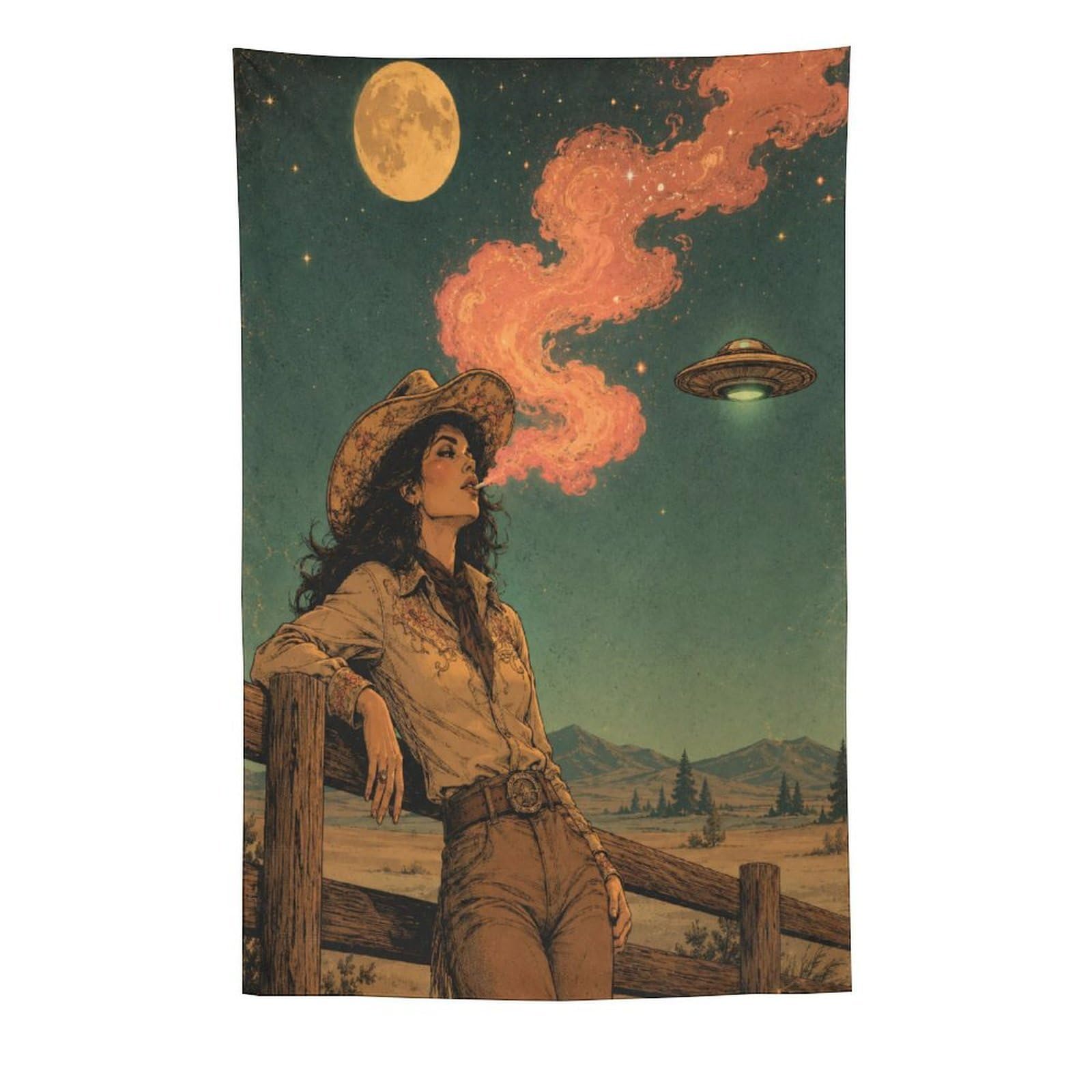 H3B8U2Y5 UFO Cowgirl Western Moon Wall Tapestry, Surrealist, Backdrop