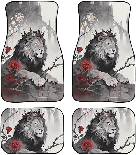 Lion Car 4 Piece Floor Mat Retro Gothic Crown Lion Universal Fit All Models Protection Heavy Duty Heel Pad Watercolor Rose Flower Fit Car Floor Front and Rear 2 Rows Set