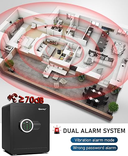 Miniatura 8 de Kavey Caja de seguridad impermeable a prueba de fuego, con teclado digital y luz LED, caja fuerte de seguridad con sistema de alarma dual y función