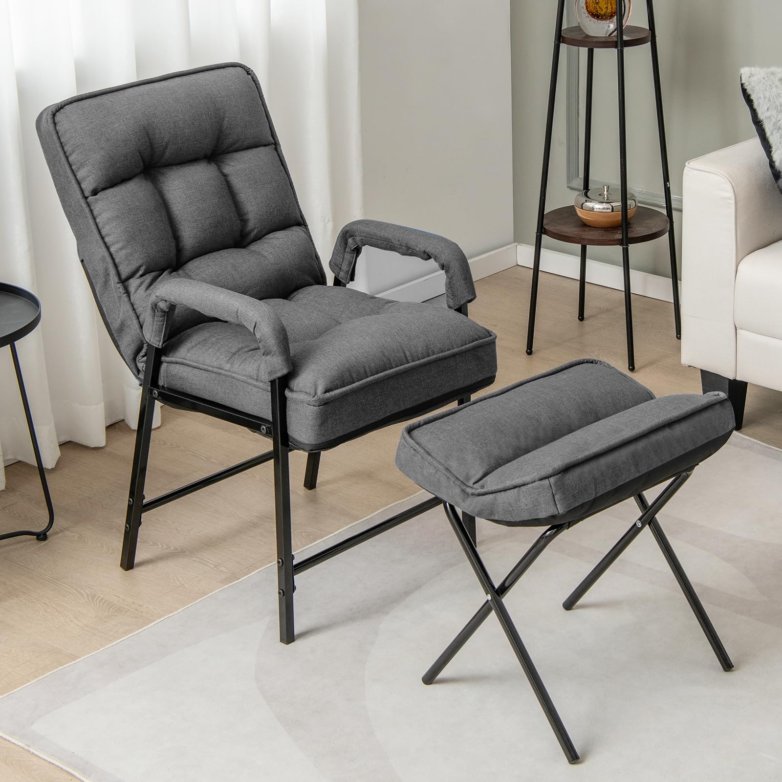 COSTWAY Poltrona Imbottita con Pouf Poggiapiedi Pieghevole, Schienale Alto Reclinabile a 5 Posizioni, Poltroncina Sedia Sdraio in Lino, Poltrona Moderna con Braccioli da Soggiorno Ufficio (grigio)