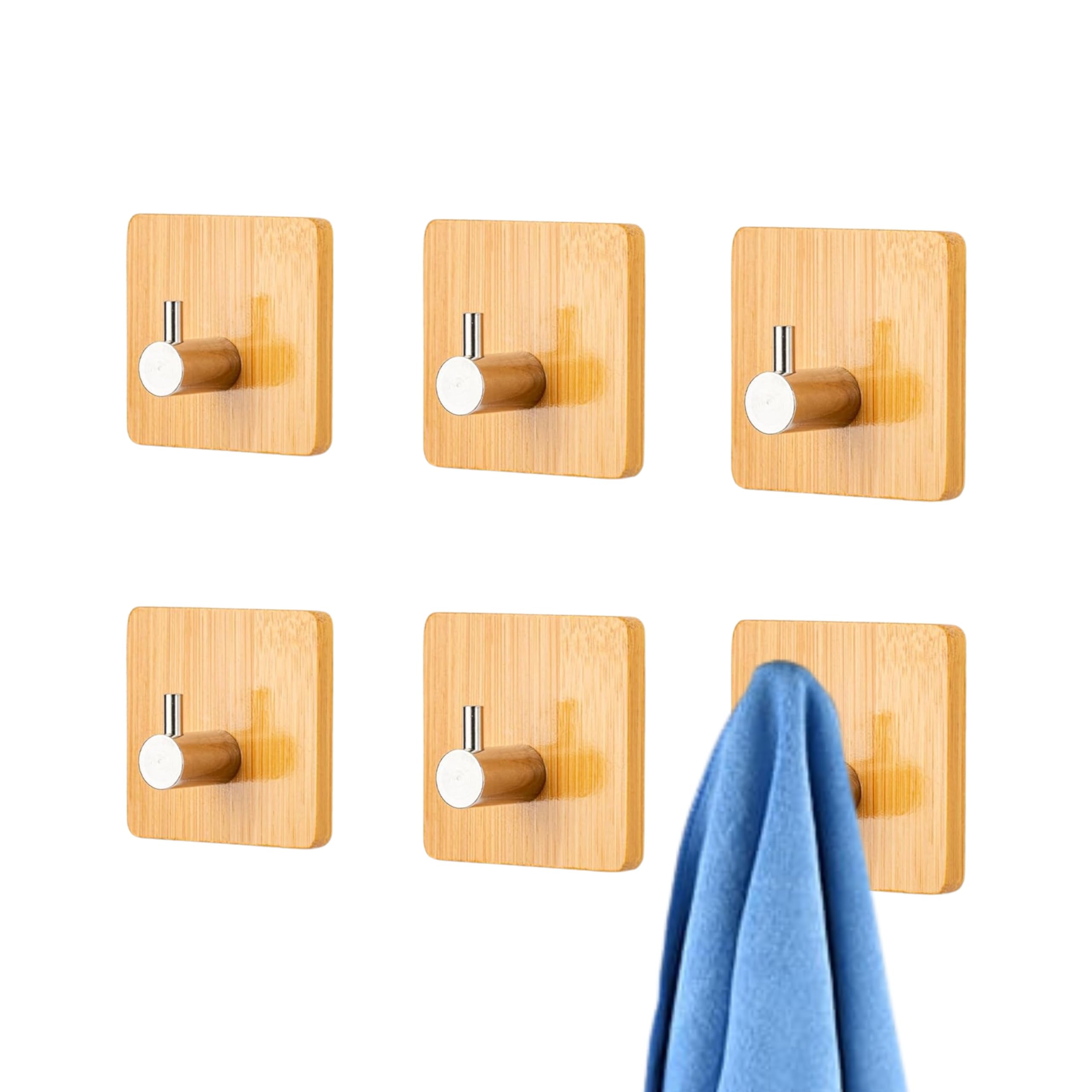 JIALTO 6 pcs Wooden Bathroom and Kitchen Hook, Self Adhesive Wall Hook - Essential Bathroom Accessories, Stylish Home Decor Items, Durable Kitchen Accessories Items (Square Silver Wooden)