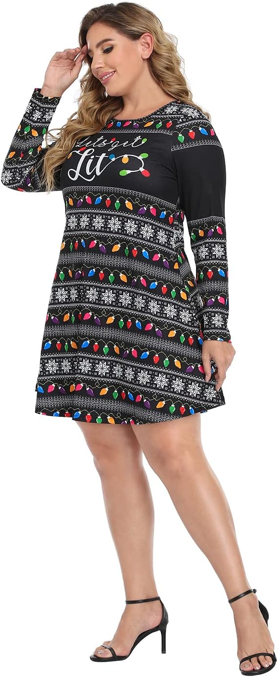 HDE Women's Plus Size Party Dress Ugly Christmas Sweater Long Sleeve Above Knee Skater Dress Fun Holiday Xmas Swing Tunic