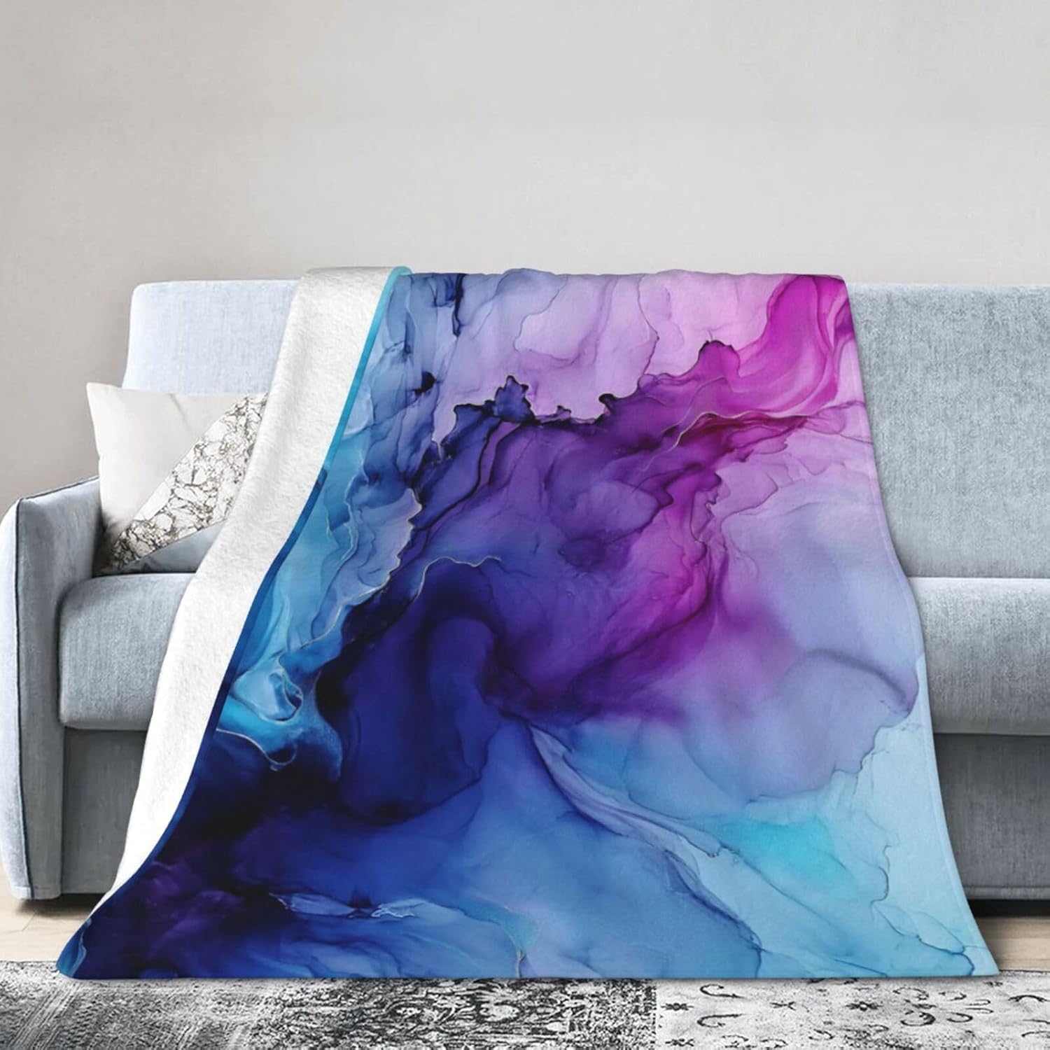 Purple Blue Background in a Watery Style Blanket Throw Bedding Room Decor Flannel Blankets for Bed Sofa 80"x60"