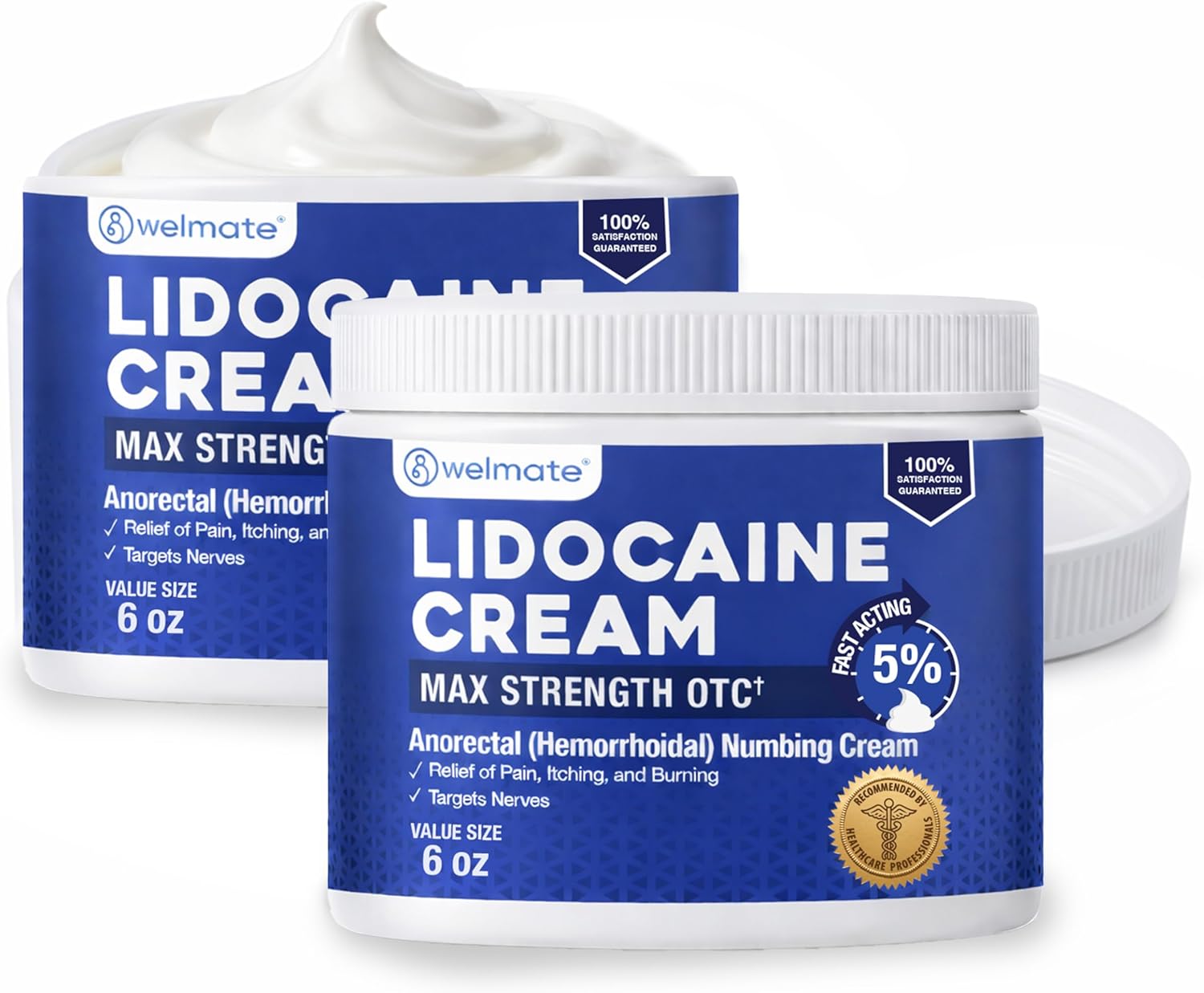 WELMATE 5% Lidocaine Hemorrhoid Cream Maximum Strength, 12 oz (Pack of 2) - Numbing Cream for Anorectal Relief - Fast-Acting Topical Anesthetic - Vitamin E - Non-Greasy - Child-Resistant