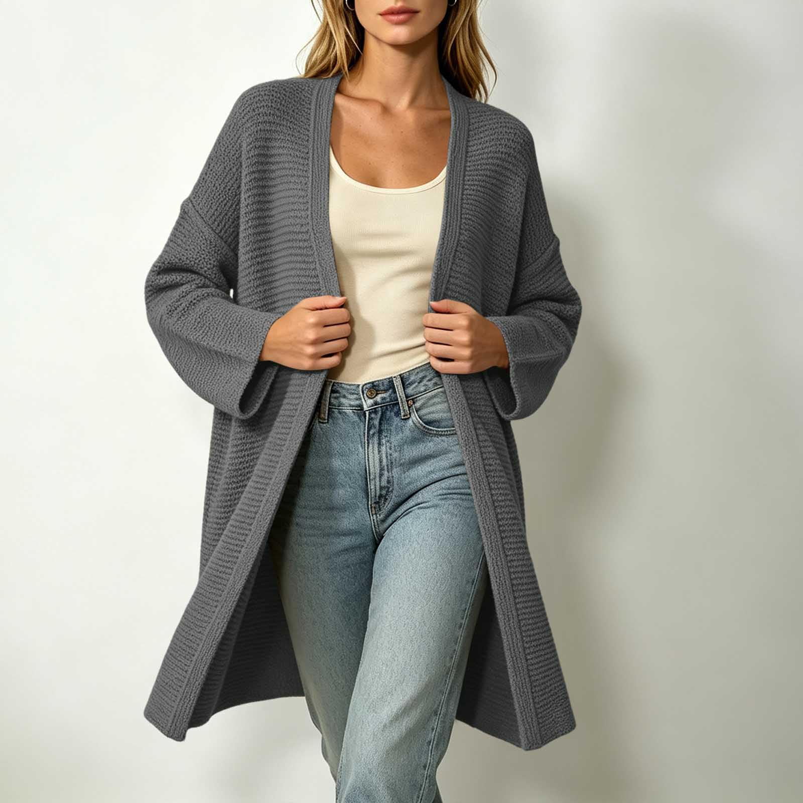 Cardigan Femme en Maille, Ouverture Devant, Coupe Ample, Manches Longues