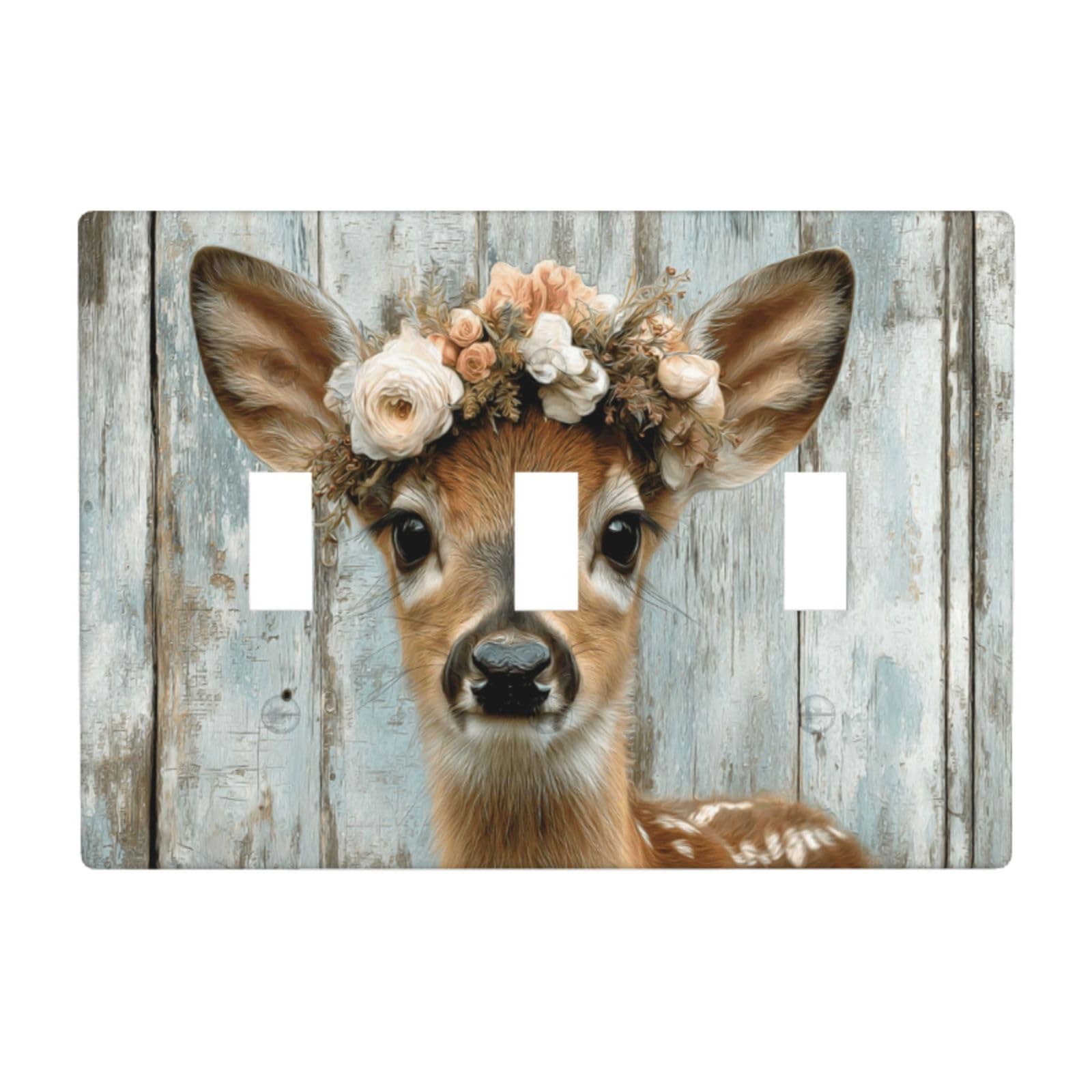 Deer Wearing A Floral Crown Rustic Wood Light Switch Covers 3 Gang Triple Toggle Wall Plate Switchplate Electrical Faceplate for Bathroom Kitchen Bedroom Decor