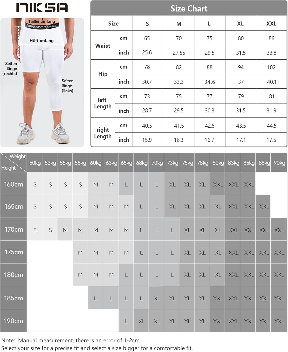 Niksa 1/2 Pack Men's Compression Pants 3/4 One Leg Compression Tights Men Basketball Leg Sleeve Athletic Base Layer Leggings