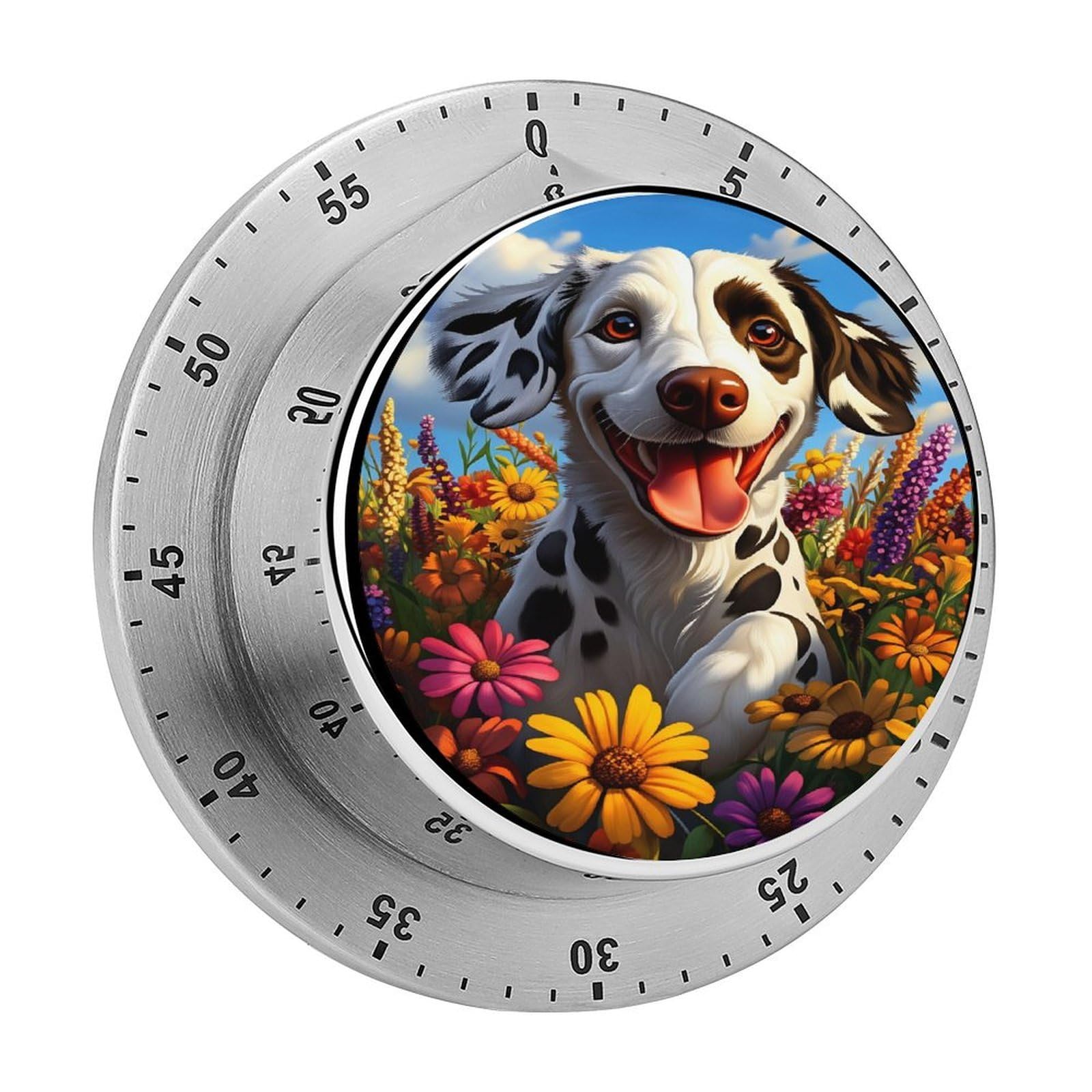 Dalmatian Dog in Flower Field 60 Minute Wind Up Timer,Visual Mechanical Magnetic Timer with Loud Alarm for Kitchen