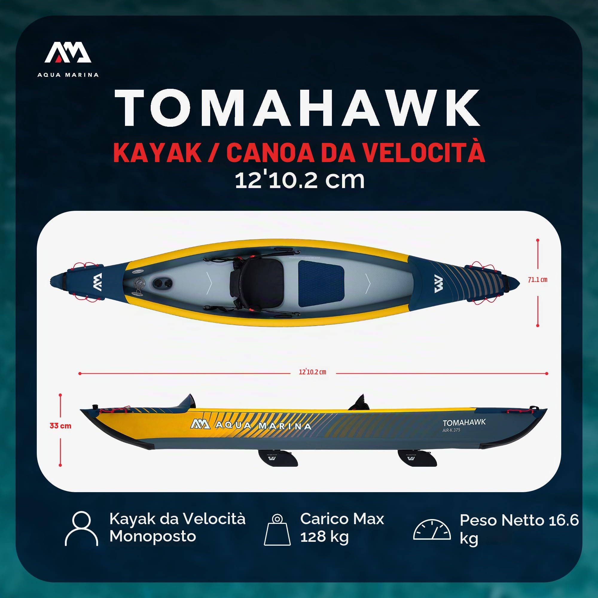 Aqua Marina Tomahawk, AIR-K - Kayak gonfiabile ad alta pressione, per 1 persona, lunghezza 375 cm, colore: blu marino/giallo