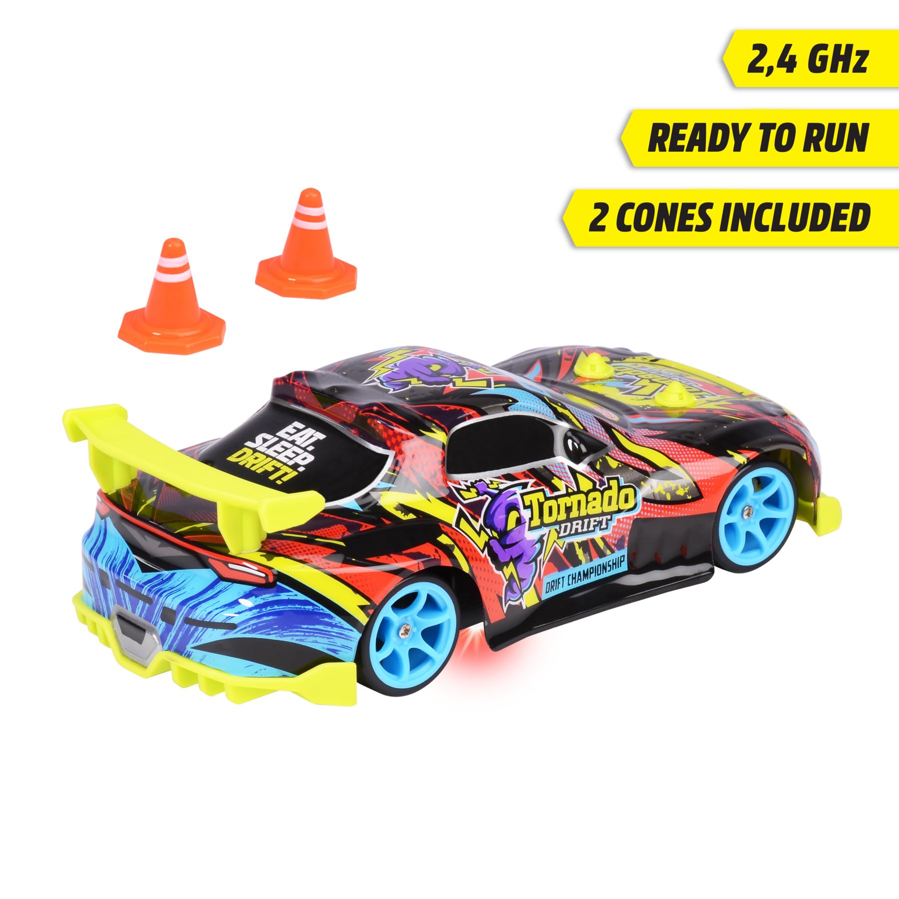 Dickie Toys - RC Auto Tornado Drift – zdalnie sterowany samochód od 6 lat z oświetleniem podłogi, pilot zdalnego sterowania 2,4 GHz, akcesoria i baterie, 10 km/h, 4WD