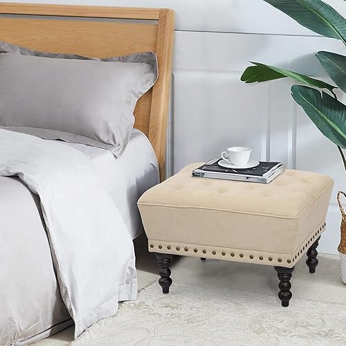 Miniatura 7 de Joveco Taburete otomano de tela reposapiés pequeño banco moderno asiento silla, Crema Blanco