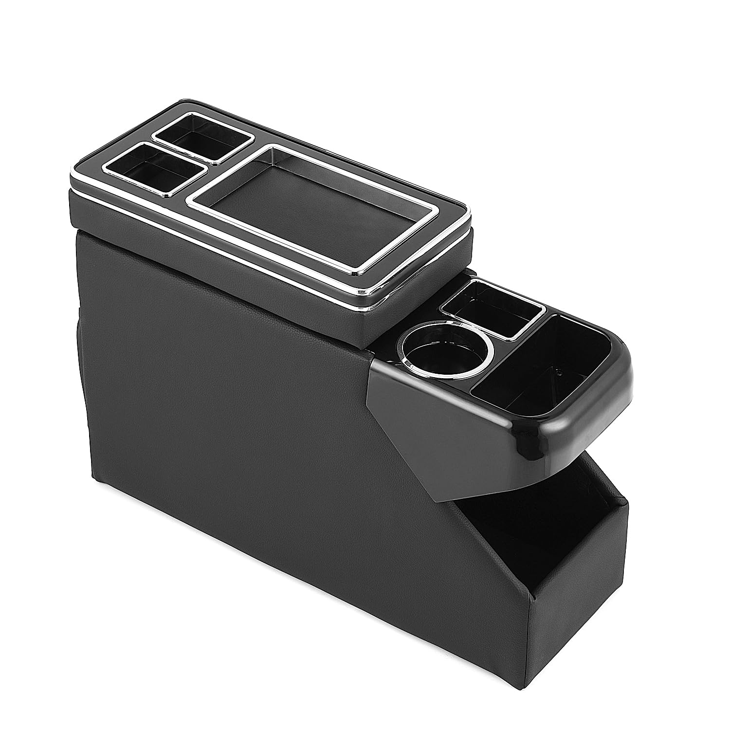 GEARMONSTER Consolle centrale con ripiani, vano portaoggetti, compatibile con VW T5 T6 T6.1, console centrale con portabevande, colore nero lucido, accessorio per sedili anteriori