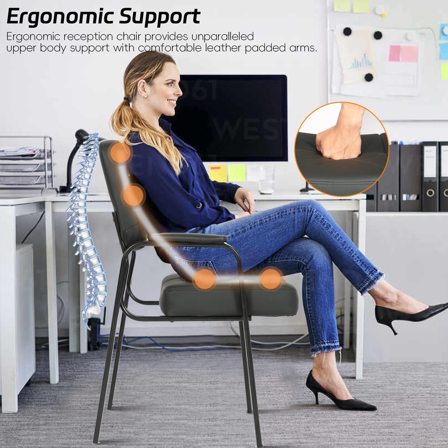Waiting Room Chairs, Conference Room Chairs with PU Leather, Reception Chairs with Armrest Ergonomic Design, Office Side Chair, Chair with Arms for Home Office Meeting Room Waiting Room, Black